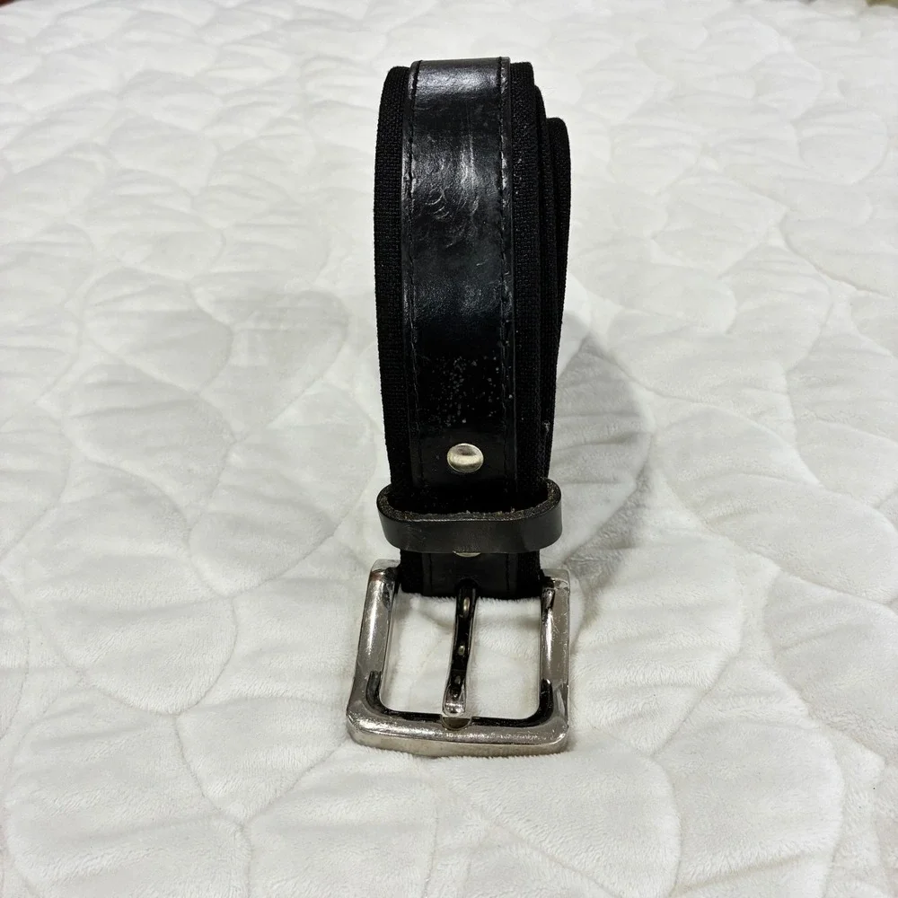 Mens Black Leather Trim Canvas Belt Silver Buckle Casual Workwear Retro-50
